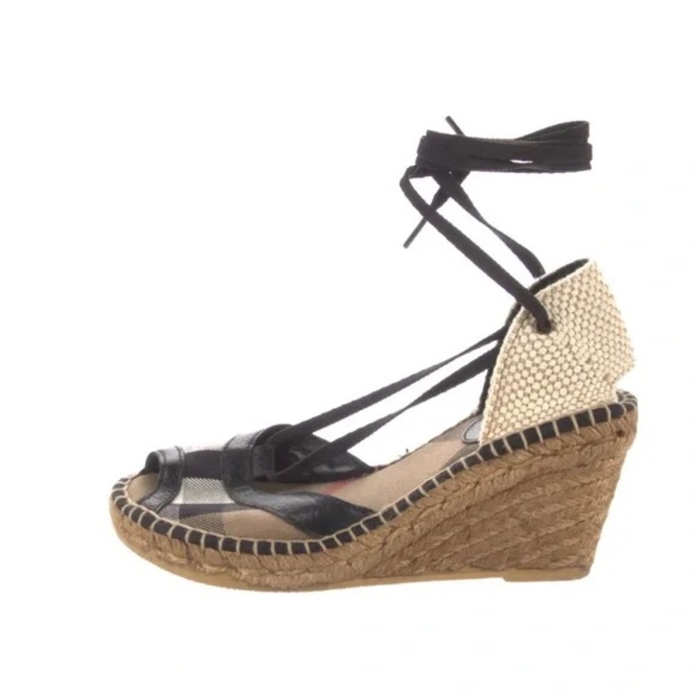 Burberry Black and Cream Espadrille Wedges